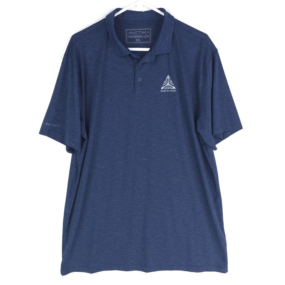 Anetik Mens 2XL Premium Performance Polo Shirt‎ Blue Heather UPF 30+ Kauai Sea
